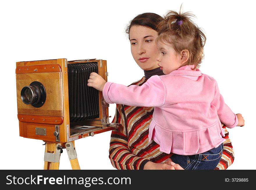 Daughter and mother with vintage camera