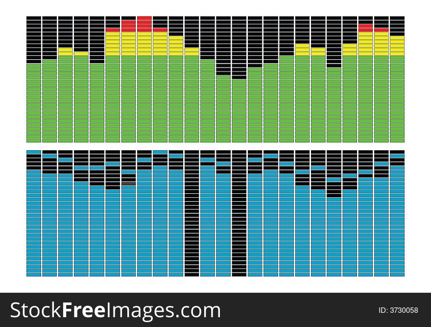 Vector illustration of two editable equalizers spectrums of music signals grouped separately for placement over black background. Vector illustration of two editable equalizers spectrums of music signals grouped separately for placement over black background