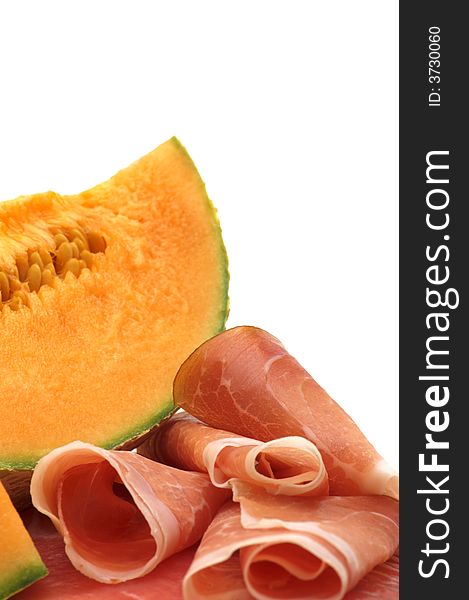 Delicacy -melon and meat on white background