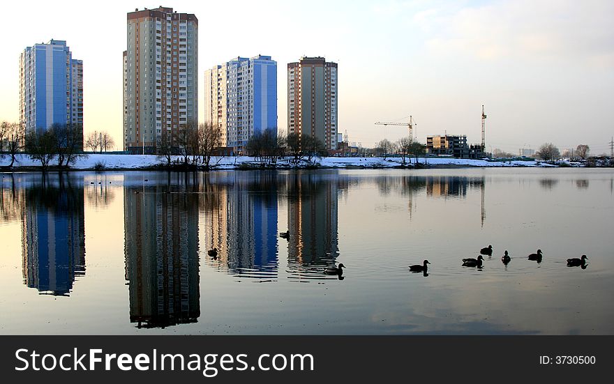 Reflection of big houses in the lake with ducks. Reflection of big houses in the lake with ducks