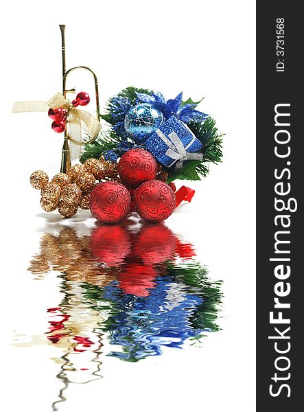 Winter holiday arrangements and ornaments isolated over white. Suitable for Christmas and New Year's themed designs. Winter holiday arrangements and ornaments isolated over white. Suitable for Christmas and New Year's themed designs