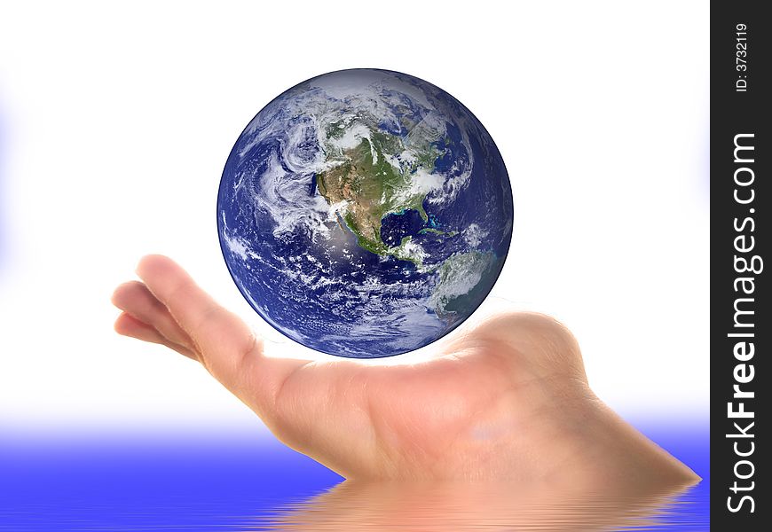 Earth on an open woman's palm, over white, reflecting in the water. Earth on an open woman's palm, over white, reflecting in the water