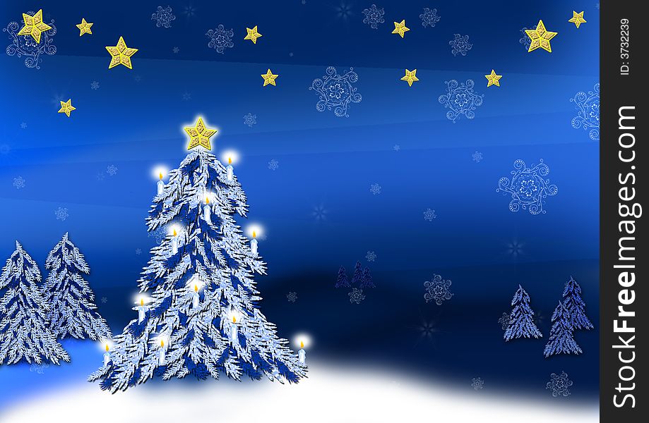 Christmas tree with candles on blue background