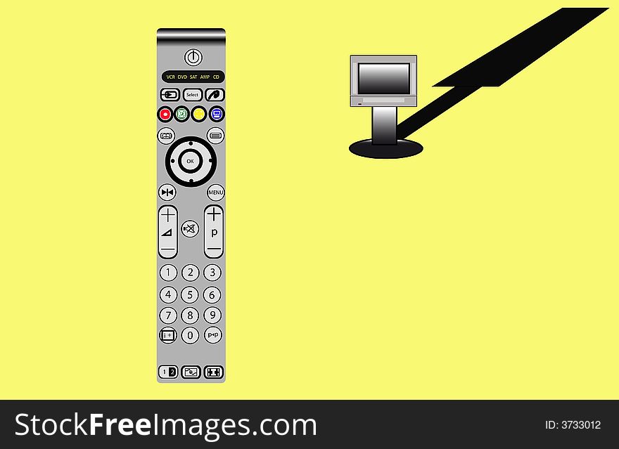 Remote control and a television set on a yellow background