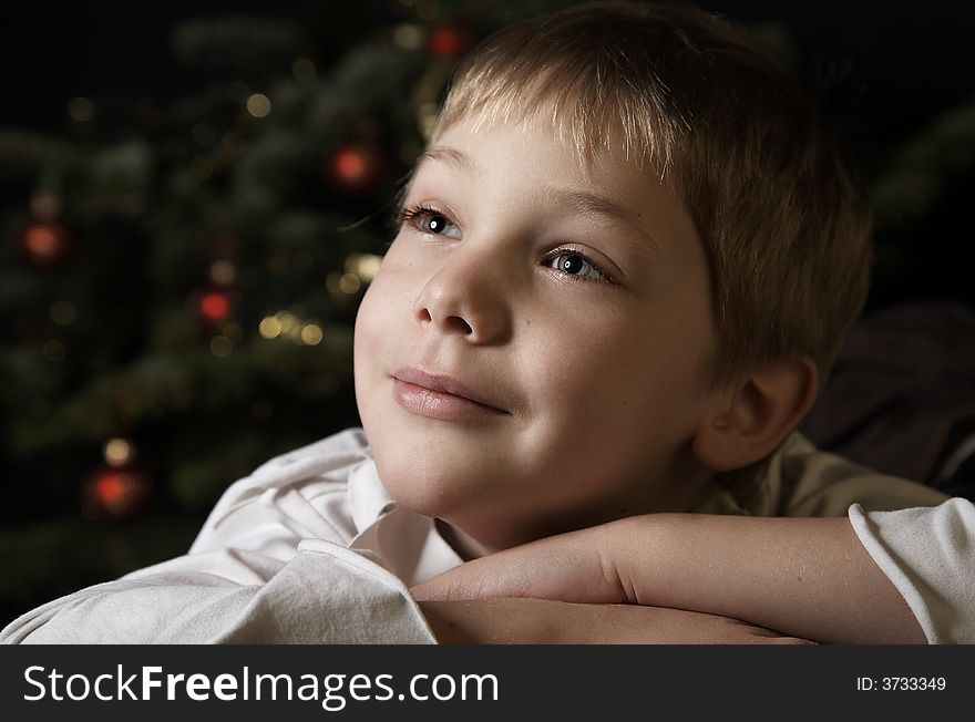 Smiling boy near a new year tree with decorations. Smiling boy near a new year tree with decorations