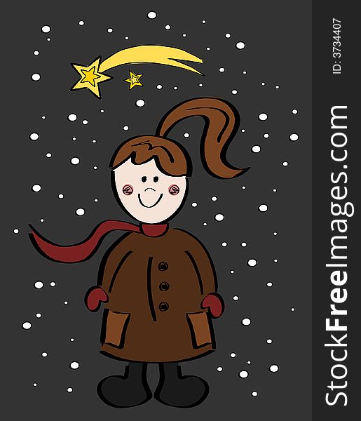 Simple hand-drawn illustration of a little girl, shooting star, snowflakes. Simple hand-drawn illustration of a little girl, shooting star, snowflakes