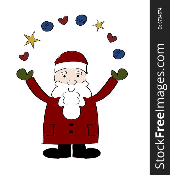 Hand-drawn Santa Claus juggling colorful christmas ornaments. Hand-drawn Santa Claus juggling colorful christmas ornaments