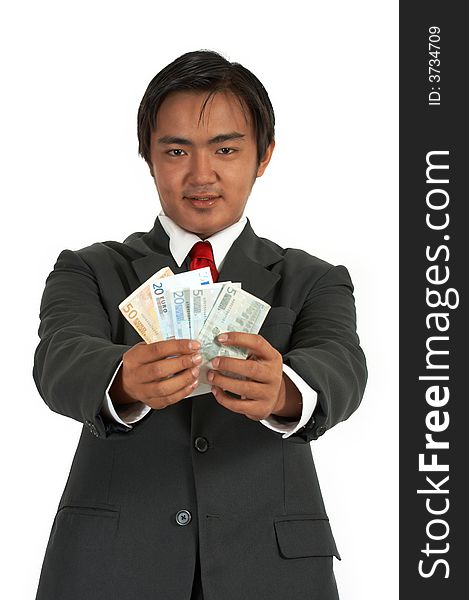 A man holding his money over a white background. A man holding his money over a white background
