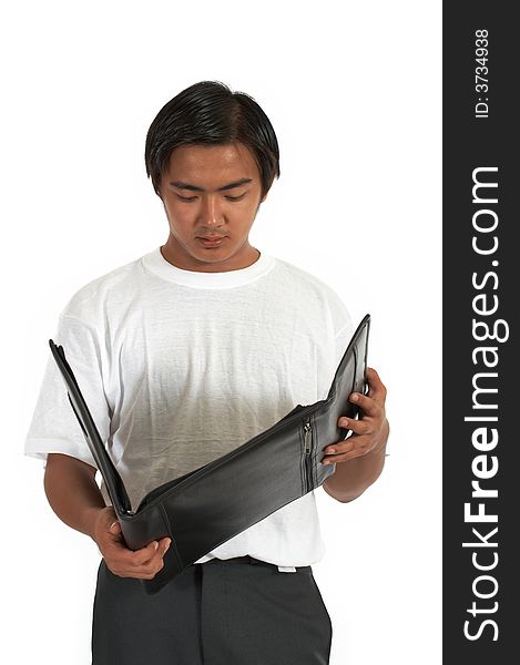 A man holding a portfolio over a white background