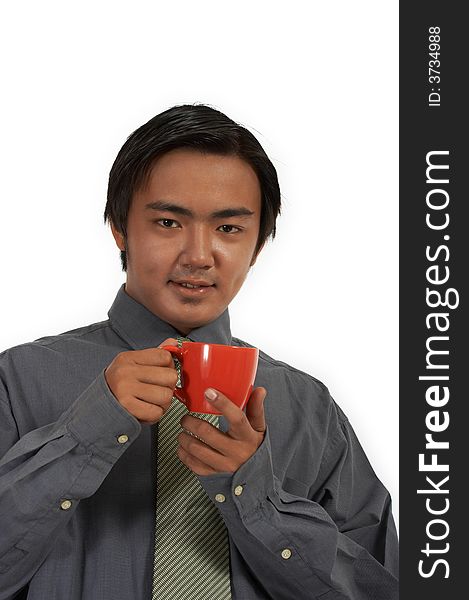 Man holding a cup of coffee over a white background. Man holding a cup of coffee over a white background