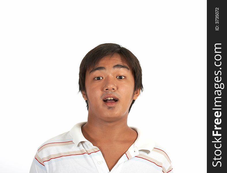 A surprised man over a white background