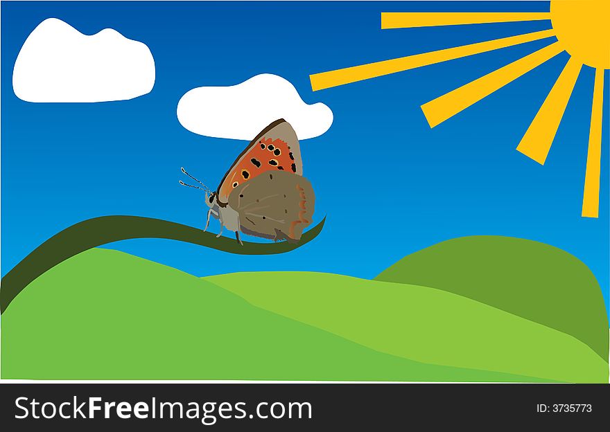 Illustration with butterfly, sun and clouds