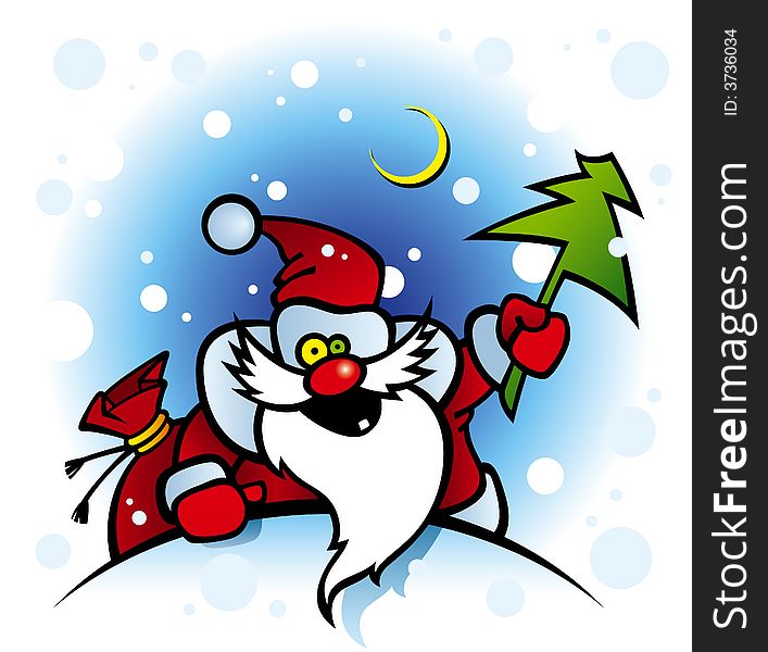 Cartoon illustration of a onetooth smiling santa with fir. Cartoon illustration of a onetooth smiling santa with fir