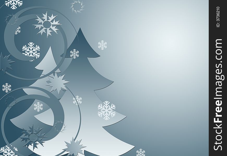 Background with fur-trees. Grey color and a snowflake.