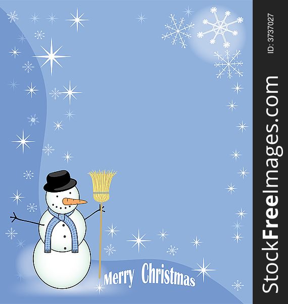 Snowman holding a broom over a blue background with snowflakes. Snowman holding a broom over a blue background with snowflakes.