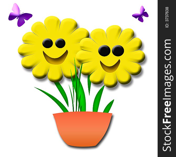 Happy smiling 3d yellow flowers in a pot. Happy smiling 3d yellow flowers in a pot