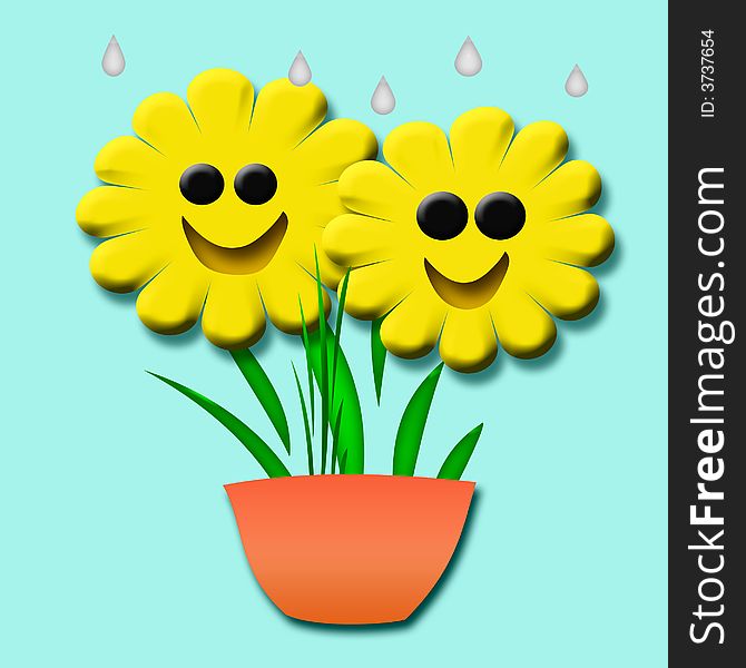 Happy smiling 3d yellow flowers in a pot. Happy smiling 3d yellow flowers in a pot