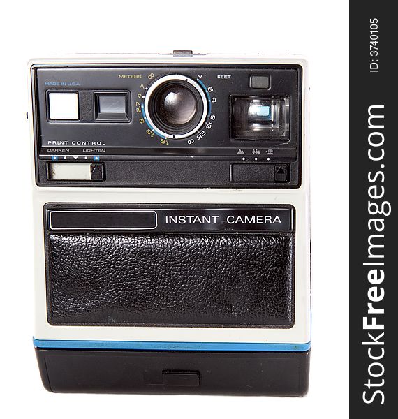 Full-front view of a retro instant camera.