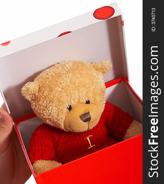 A teddy bear inside a gift box