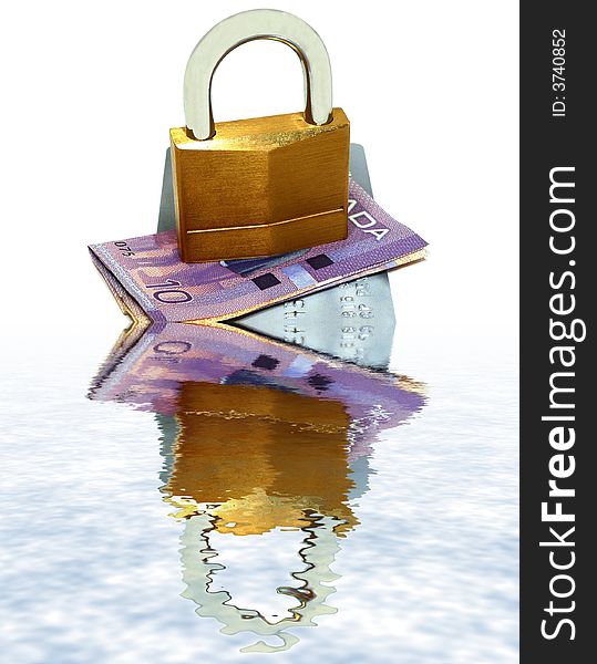 Padlock and currency reflected with a white background. Padlock and currency reflected with a white background