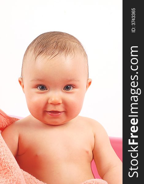 Sweet baby girl in tub on white background. Sweet baby girl in tub on white background