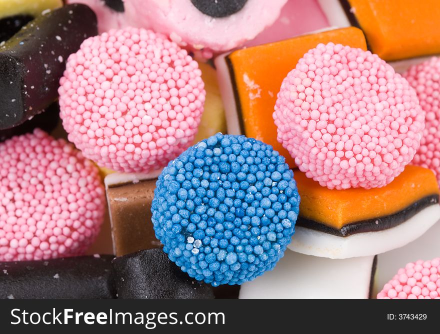 Close-up of liquorice allsorts for backgrounds