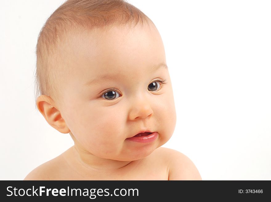 Photo of sweet happy baby girl on white background. Photo of sweet happy baby girl on white background