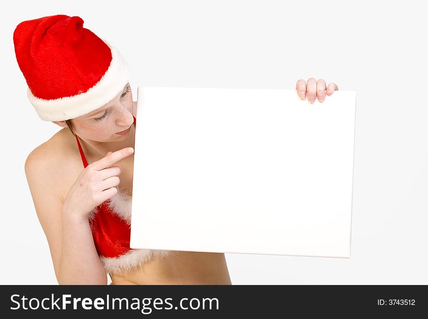 Christmas Girl Holding Up A White Sign For Copyspa