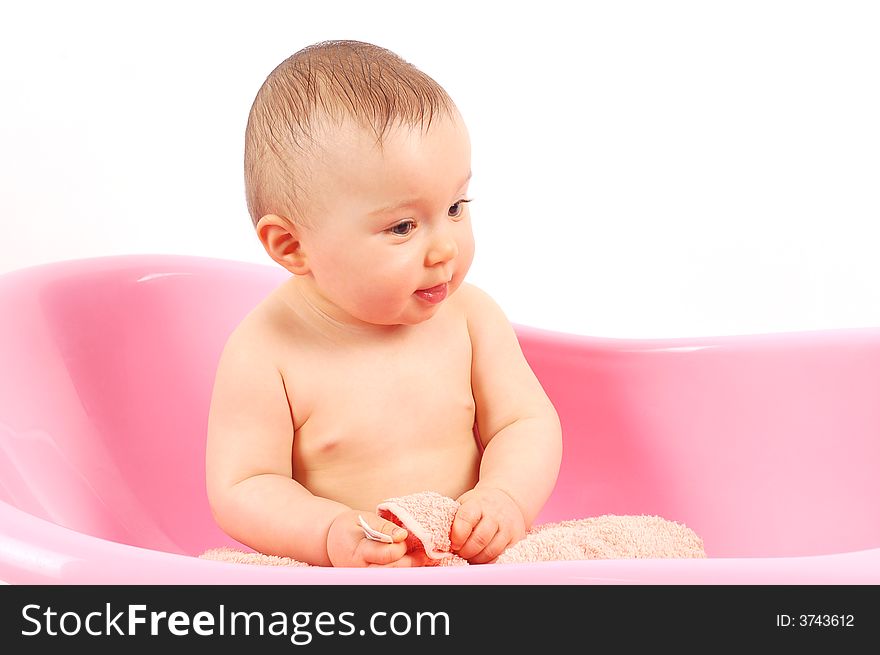 Sweet baby girl in tub on white background. Sweet baby girl in tub on white background