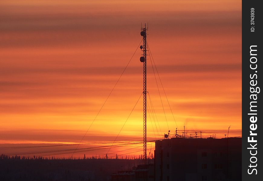 Beauriful sunset. red sky and urban.