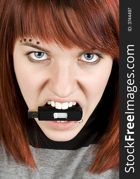 Aggresive Girl Biting Memory Stick