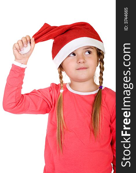 Cute little Santa girl making faces, Christmas and New Year concept, white isolated