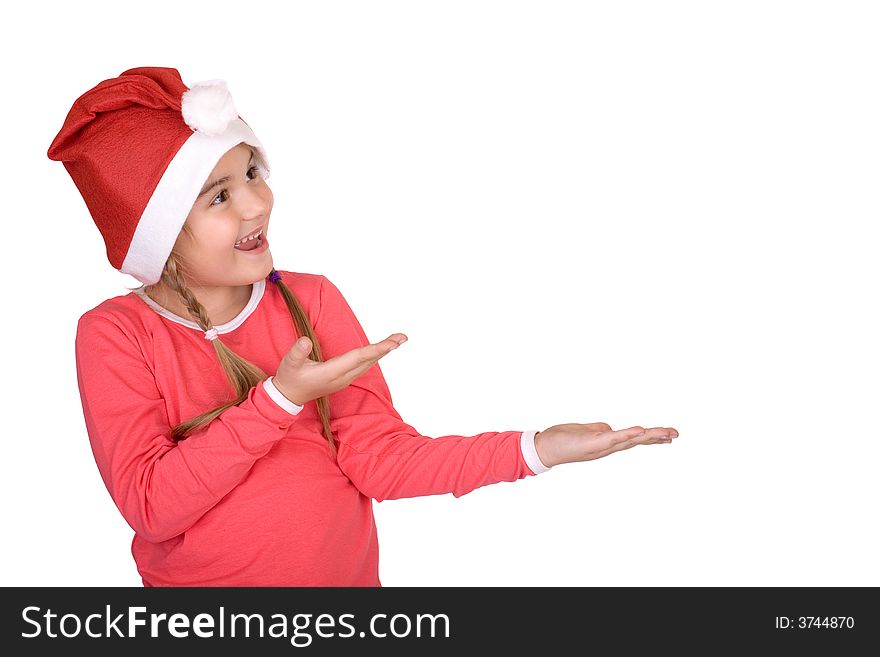 Cute Santa girl showing empty space, white isolated. Cute Santa girl showing empty space, white isolated