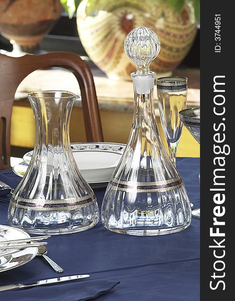 Crystal bottle and carafe,interior day,Table complements