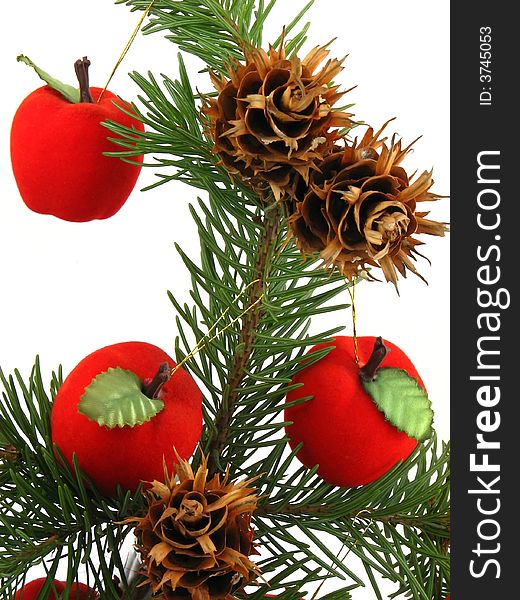 Red Apples and cones on Christmas tree. Red Apples and cones on Christmas tree