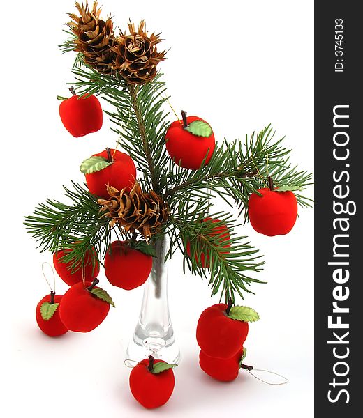 Red Apples and cones on Christmas tree. Red Apples and cones on Christmas tree