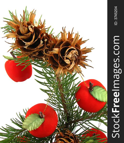 Red Apples and cones on Christmas tree. Red Apples and cones on Christmas tree
