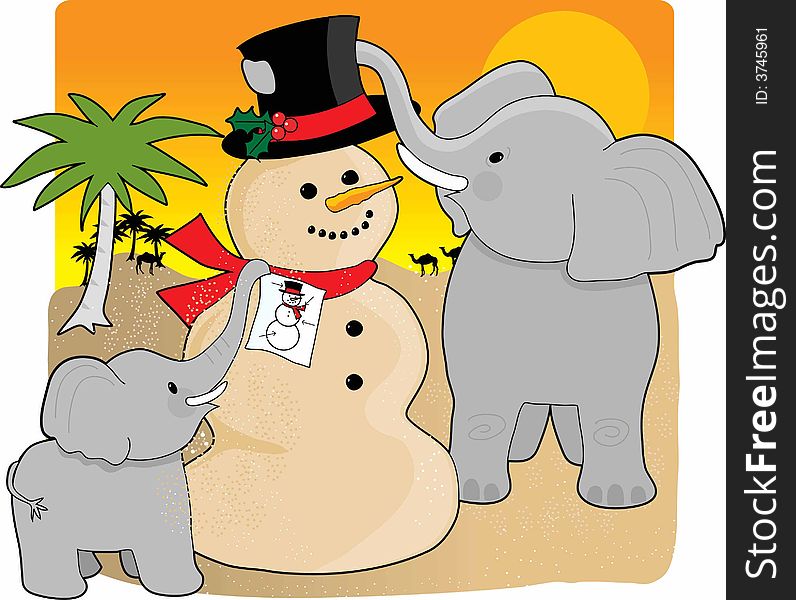 A mother elephant and baby in the desert building a snowman made  of sand. A mother elephant and baby in the desert building a snowman made  of sand