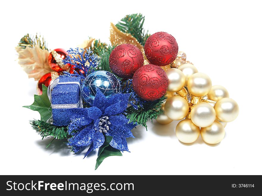 Winter holiday arrangements and ornaments isolated over white. Suitable for Christmas and New Year's themed designs. Winter holiday arrangements and ornaments isolated over white. Suitable for Christmas and New Year's themed designs