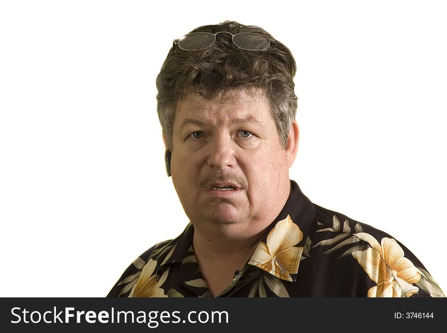Middle-aged man with mustache and Hawaiin shirt isolate over white. Middle-aged man with mustache and Hawaiin shirt isolate over white
