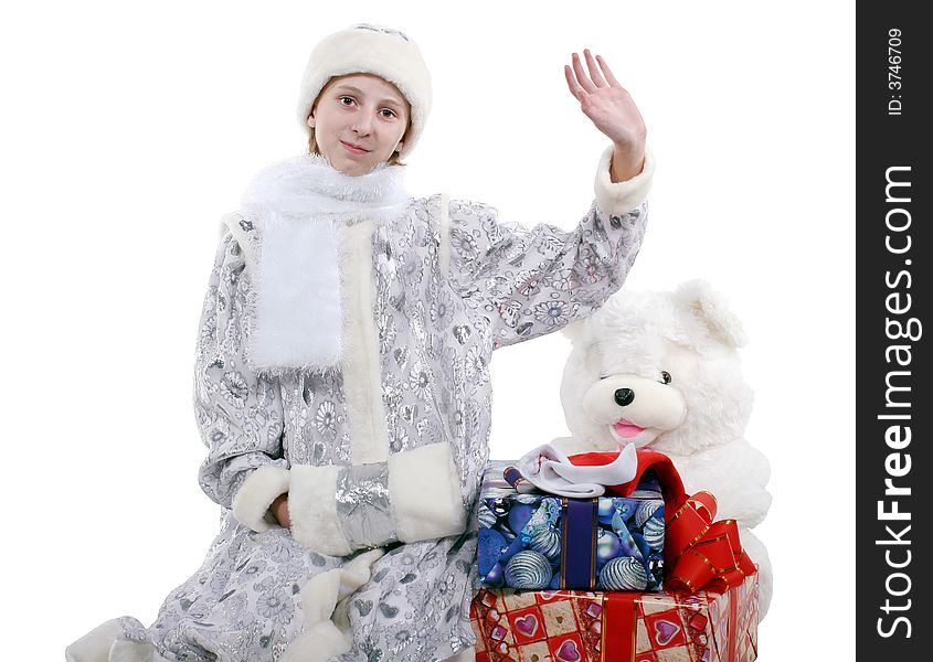A celebratory card.
 The smiling girl in clothes of a Snow Maiden with gifts on a white background. Isolated. Studio. A celebratory card.
 The smiling girl in clothes of a Snow Maiden with gifts on a white background. Isolated. Studio.