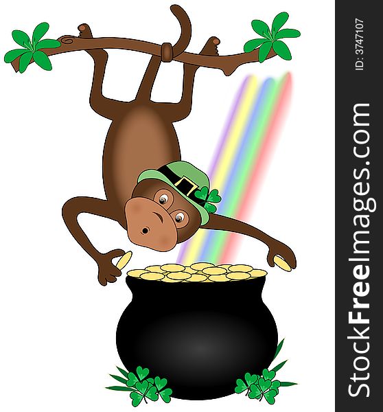Monkey with pot of gold and rainbow. Monkey with pot of gold and rainbow.