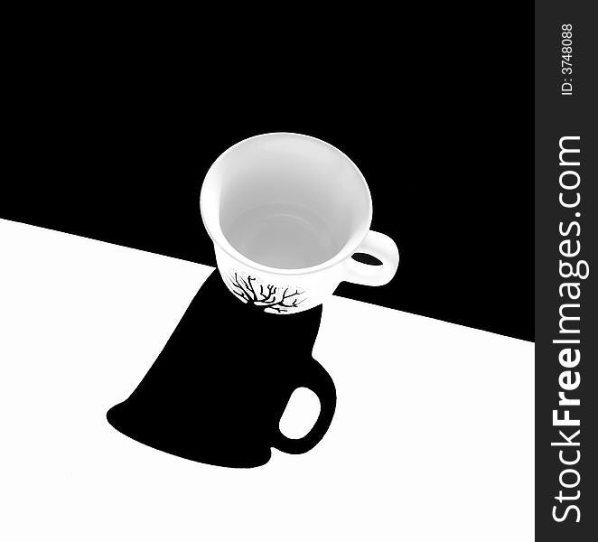 White cup on black background and black shadow on white background. White cup on black background and black shadow on white background