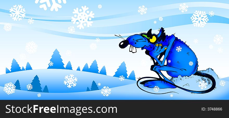 Cartoon illustration of a winter landscape with blue rat