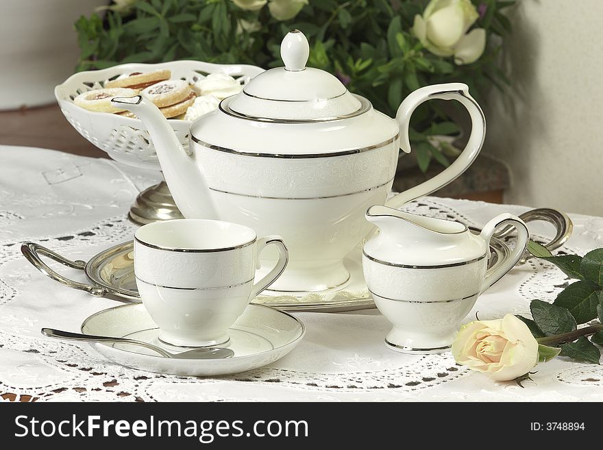 Tea set  with flower, Table complements. Tea set  with flower, Table complements