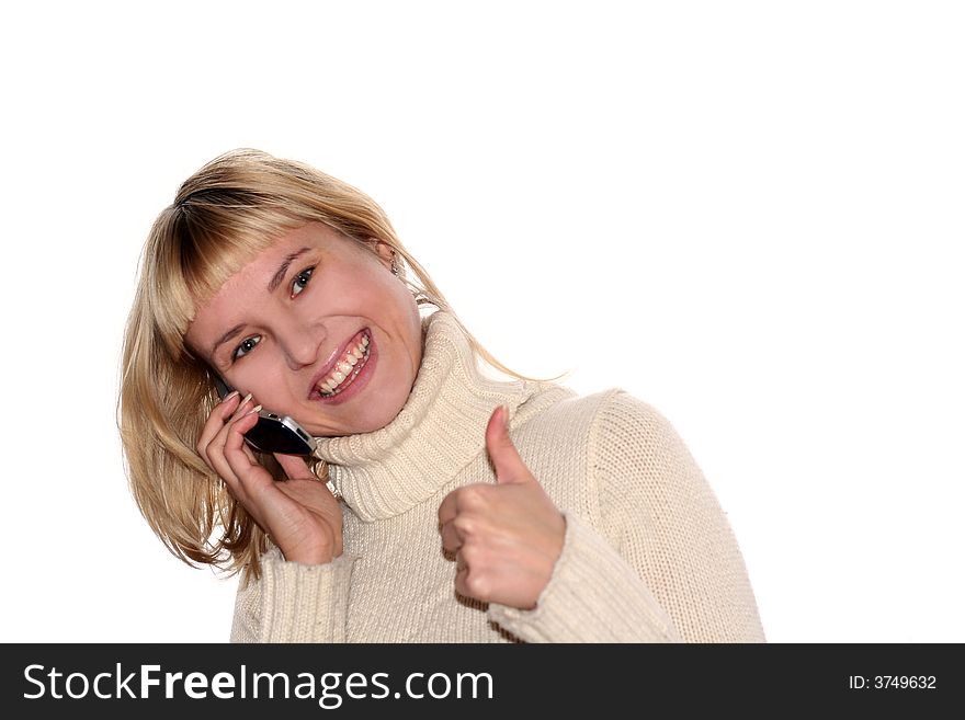 Smiling girl with mobile phone with good idea gesture