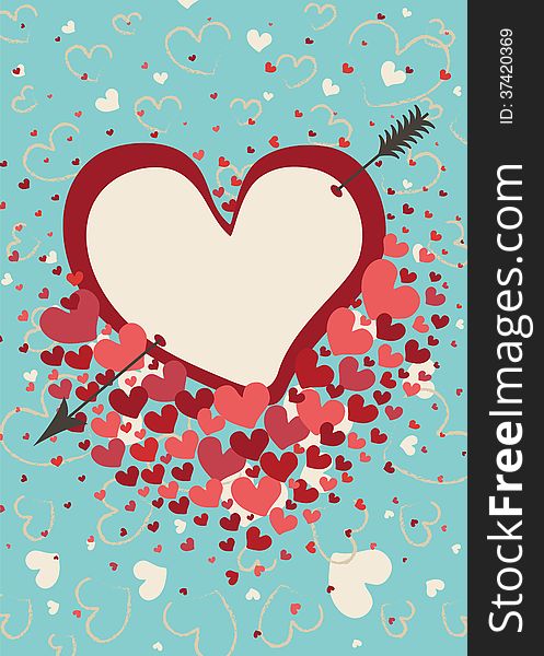 Heart pierced with an arrow.Against the background of flying hearts. Pink background .Vector illustration. Heart pierced with an arrow.Against the background of flying hearts. Pink background .Vector illustration