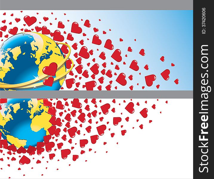 Planet earth with wedding rings and flying hearts.Horizontal Banners.Vector illustration