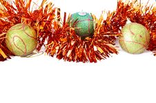 Three Christmas Baubles With Bright Orange Tinsel Royalty Free Stock Photography Three Christmas Baubles With Bright Orange Tinsel Royalty Free Stock Photography
