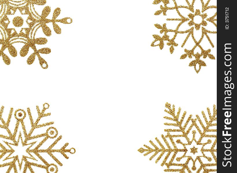 Winter border - gold snow stars on white background . Winter border - gold snow stars on white background